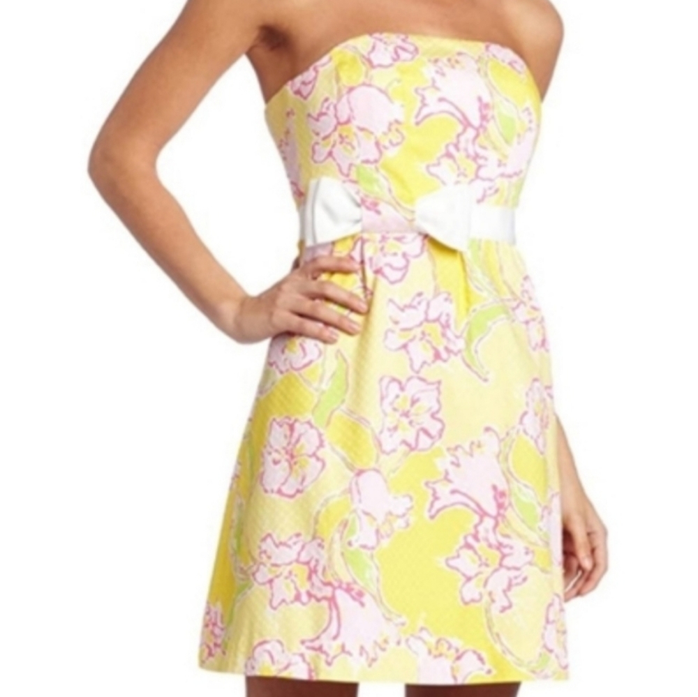 Lilly Pulitzer Amberly Strapless Bow Yellow Floral Size 4 Preppy